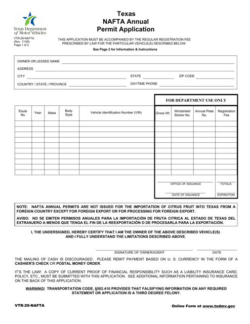 Form VTR-29-NAFTA Texas Nafta Annual Permit Application - Texas