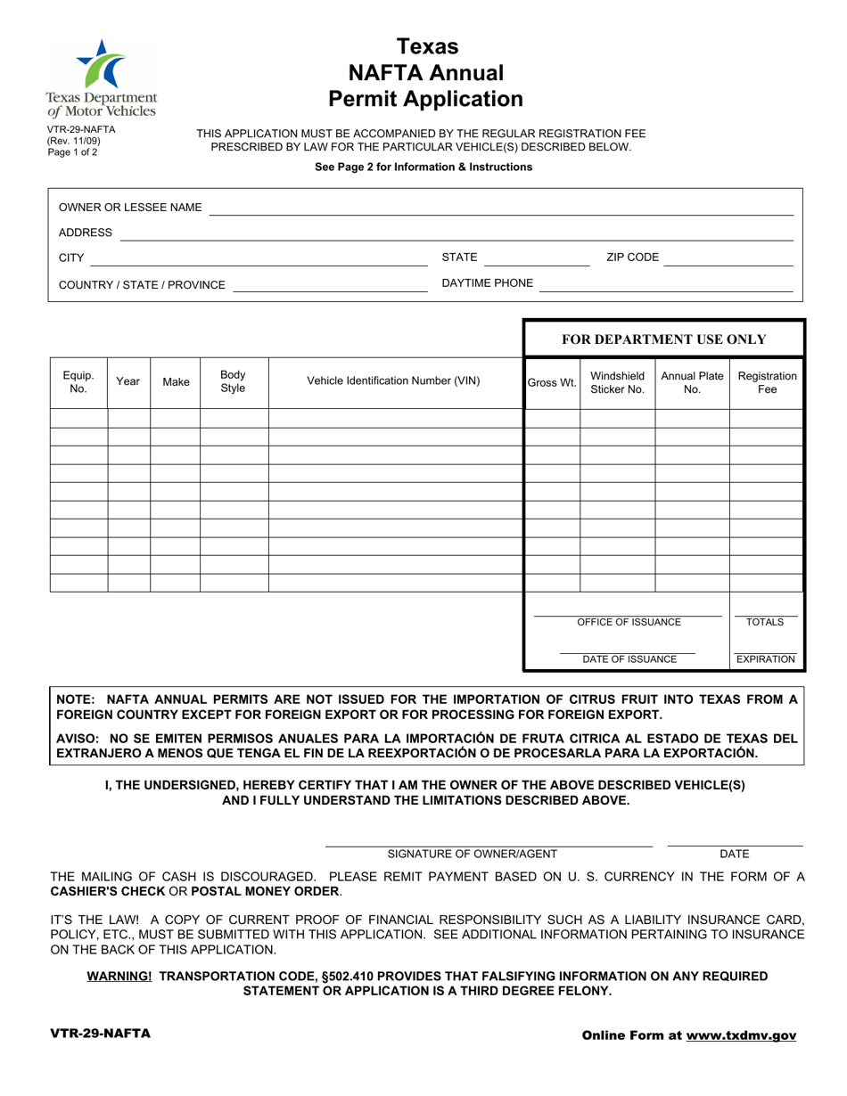 Form VTR-29-NAFTA Texas Nafta Annual Permit Application - Texas, Page 1