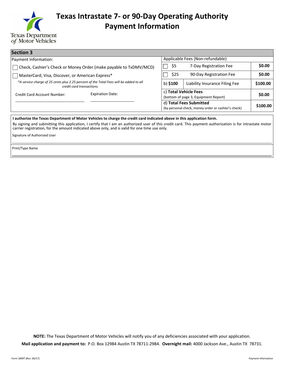 Form 1899T Application for Texas Intrastate 7- or 90-day Operating Authority - Texas, Page 3