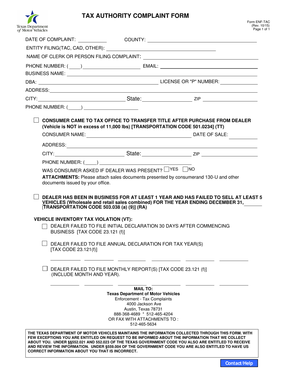 Form ENF-TAC Tax Authority Complaint Form - Texas, Page 1