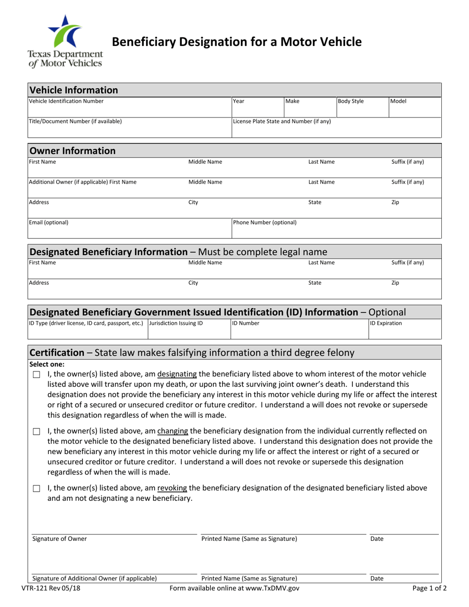 Form VTR-121 Beneficiary Designation for a Motor Vehicle - Texas, Page 1
