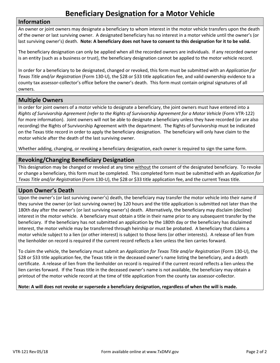 Form VTR-121 Beneficiary Designation for a Motor Vehicle - Texas, Page 2