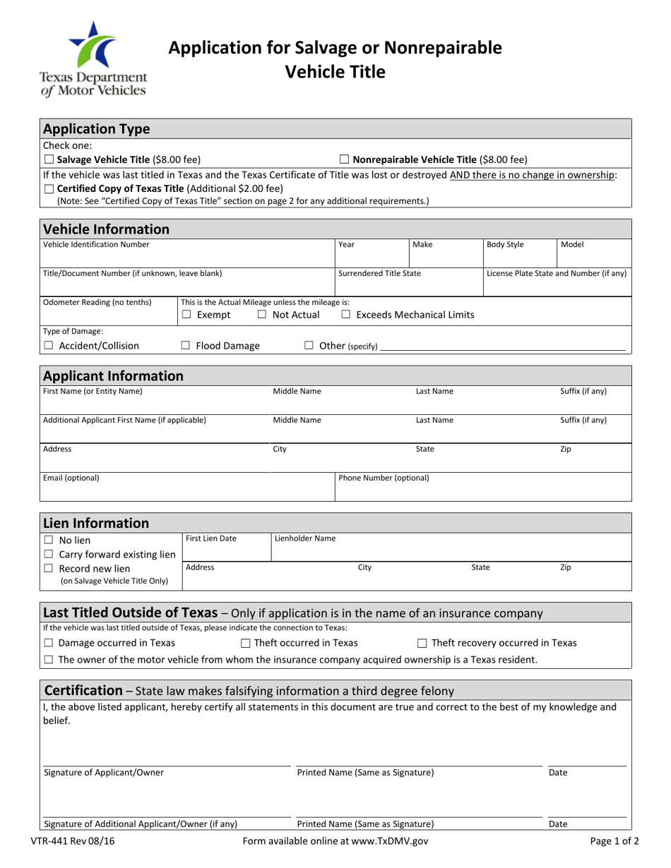 Form VTR-441 Application for Salvage or Nonrepairable Vehicle Title - Texas, Page 1