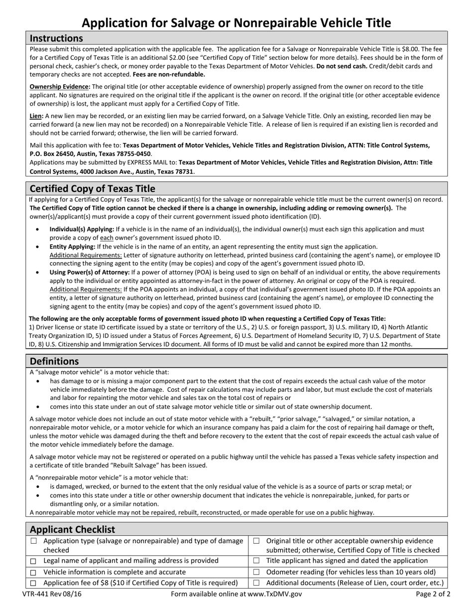 Form VTR-441 Application for Salvage or Nonrepairable Vehicle Title - Texas, Page 2