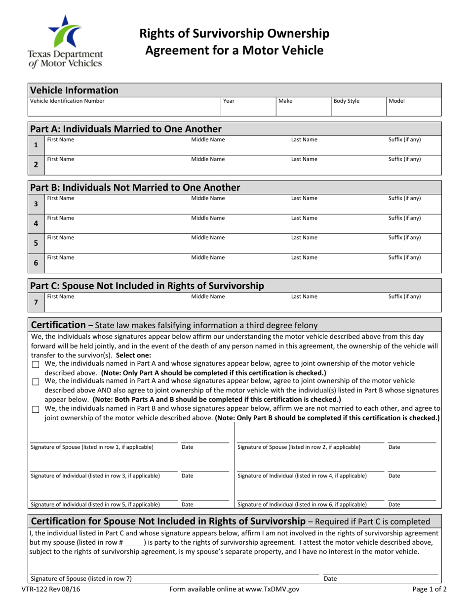 Form VTR-122 Rights of Survivorship Ownership Agreement for a Motor Vehicle - Texas, Page 1