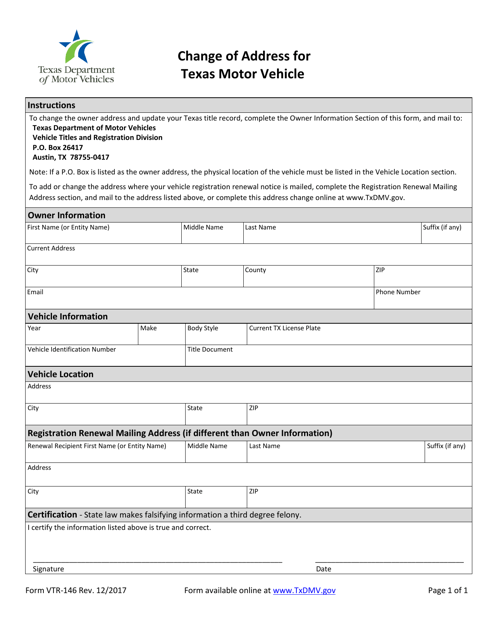 Form VTR-146 Change of Address for Texas Motor Vehicle - Texas