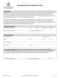 Document preview: Form VTR-266 Prescribed Form for Release of Lien - Texas