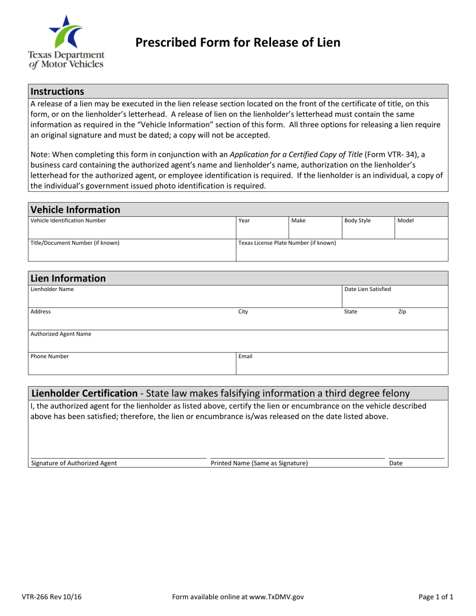 Form VTR-266 Prescribed Form for Release of Lien - Texas, Page 1