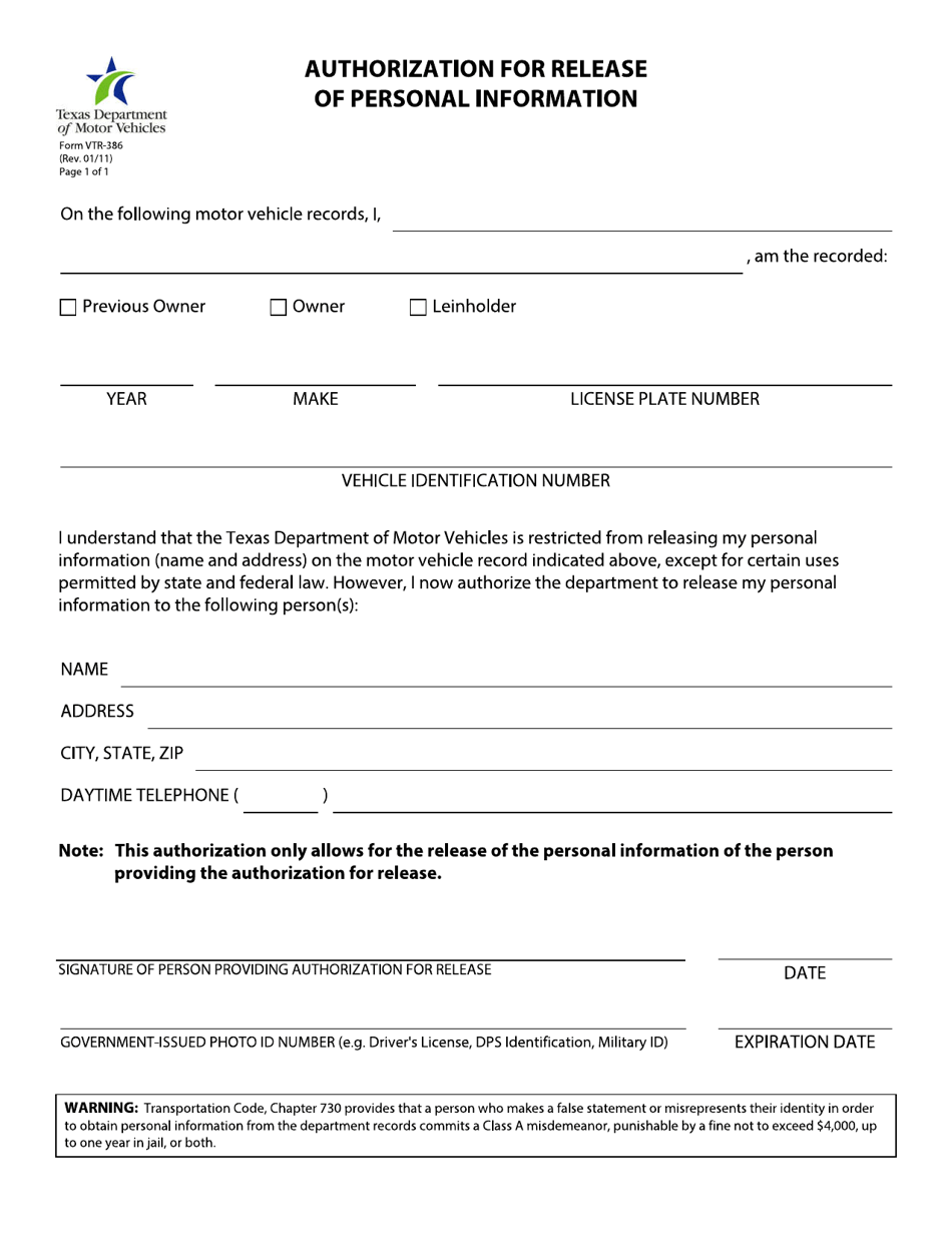 Form VTR-386 Authorization for Release of Personal Information - Texas, Page 1