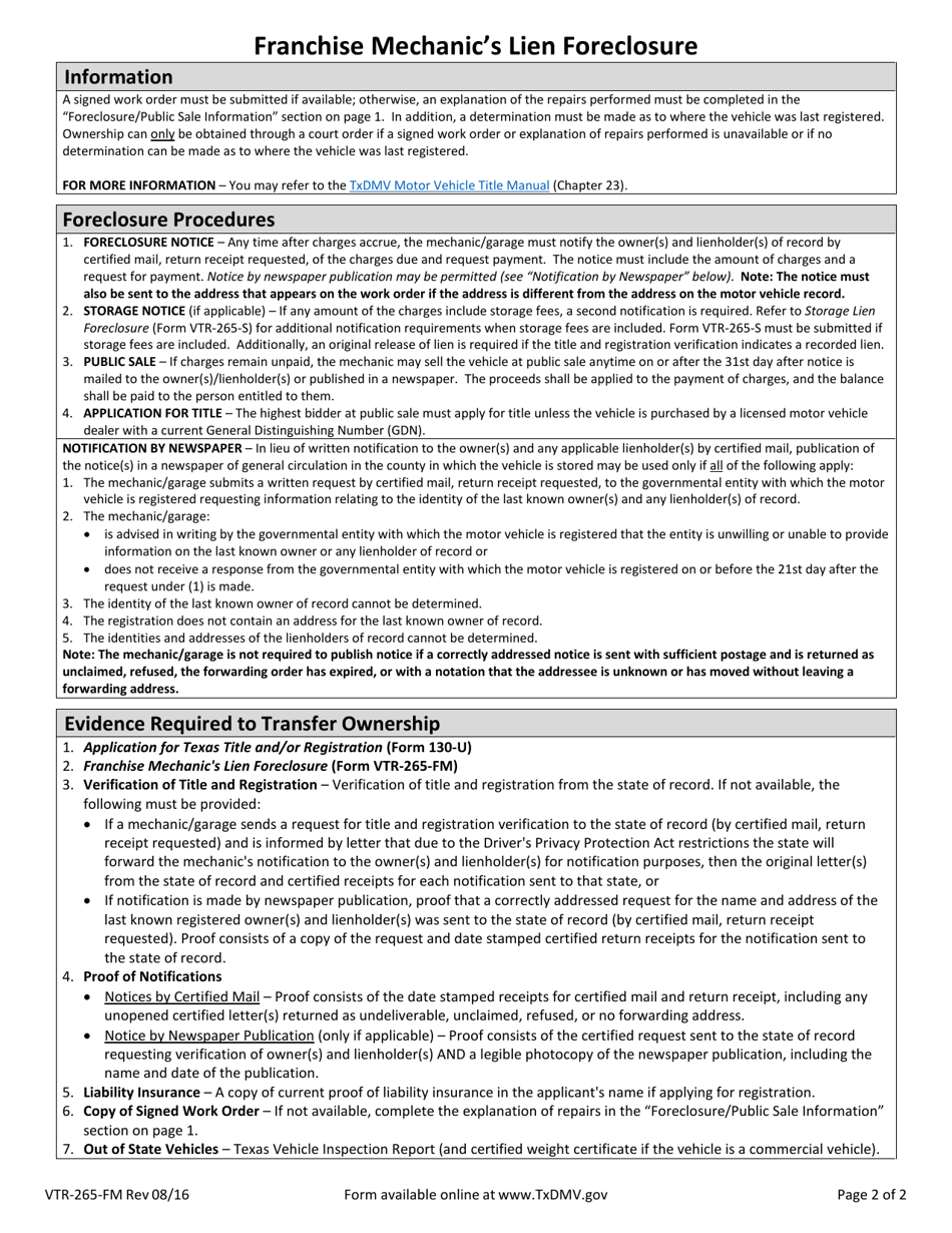 Form VTR-265-FM Franchise Mechanics Lien Foreclosure - Texas, Page 2