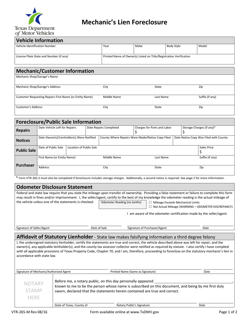 Form VTR 265 M Download Fillable PDF Or Fill Online Mechanic s Lien 