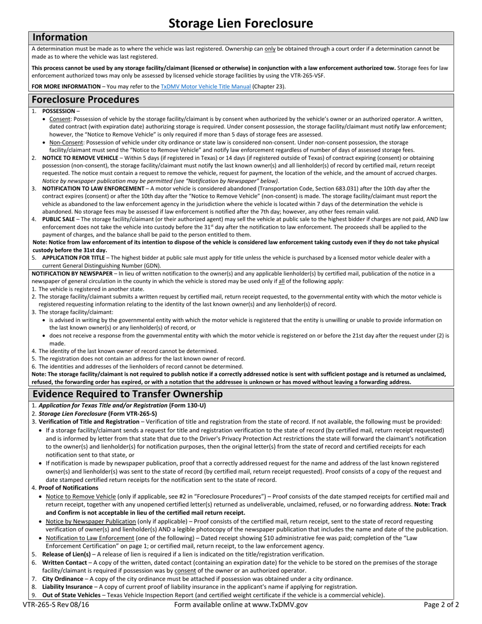 Form VTR-265-S - Fill Out, Sign Online and Download Fillable PDF, Texas ...