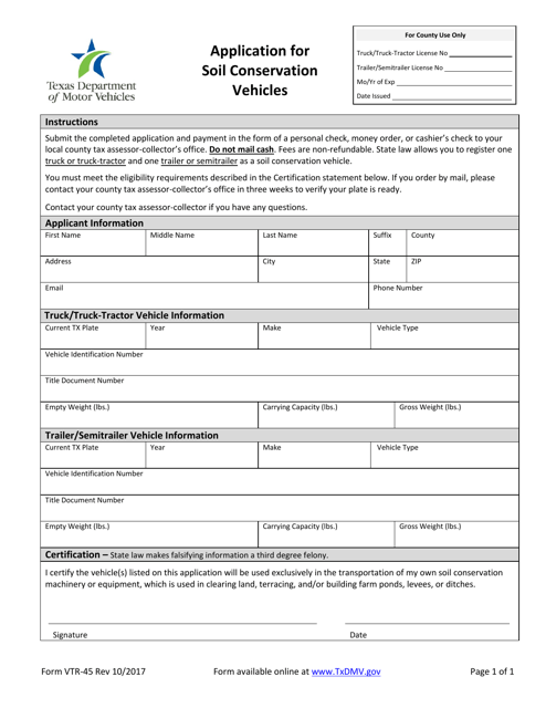 Form VTR-45 Application for Soil Conservation Vehicles - Texas