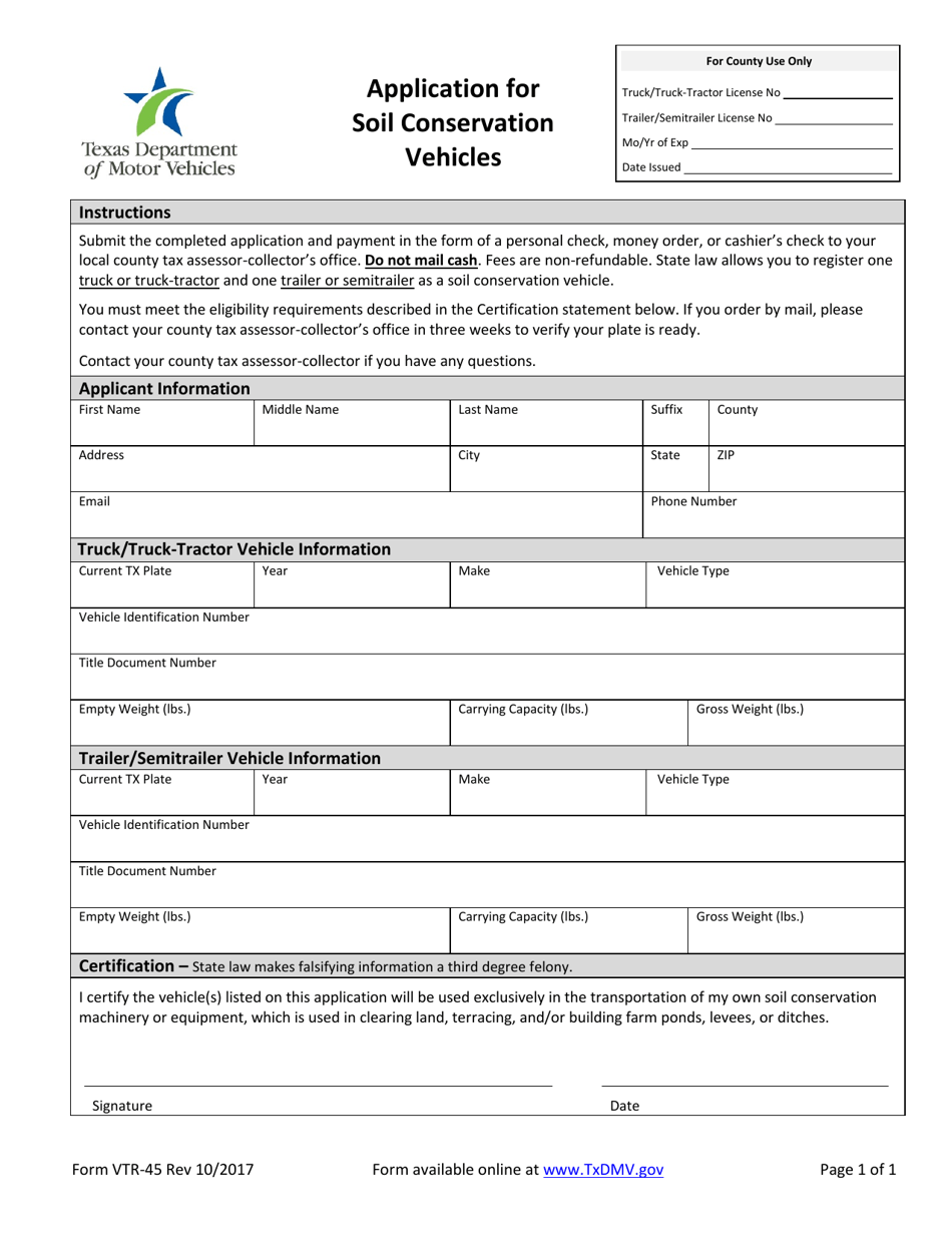 Form VTR-45 Application for Soil Conservation Vehicles - Texas, Page 1