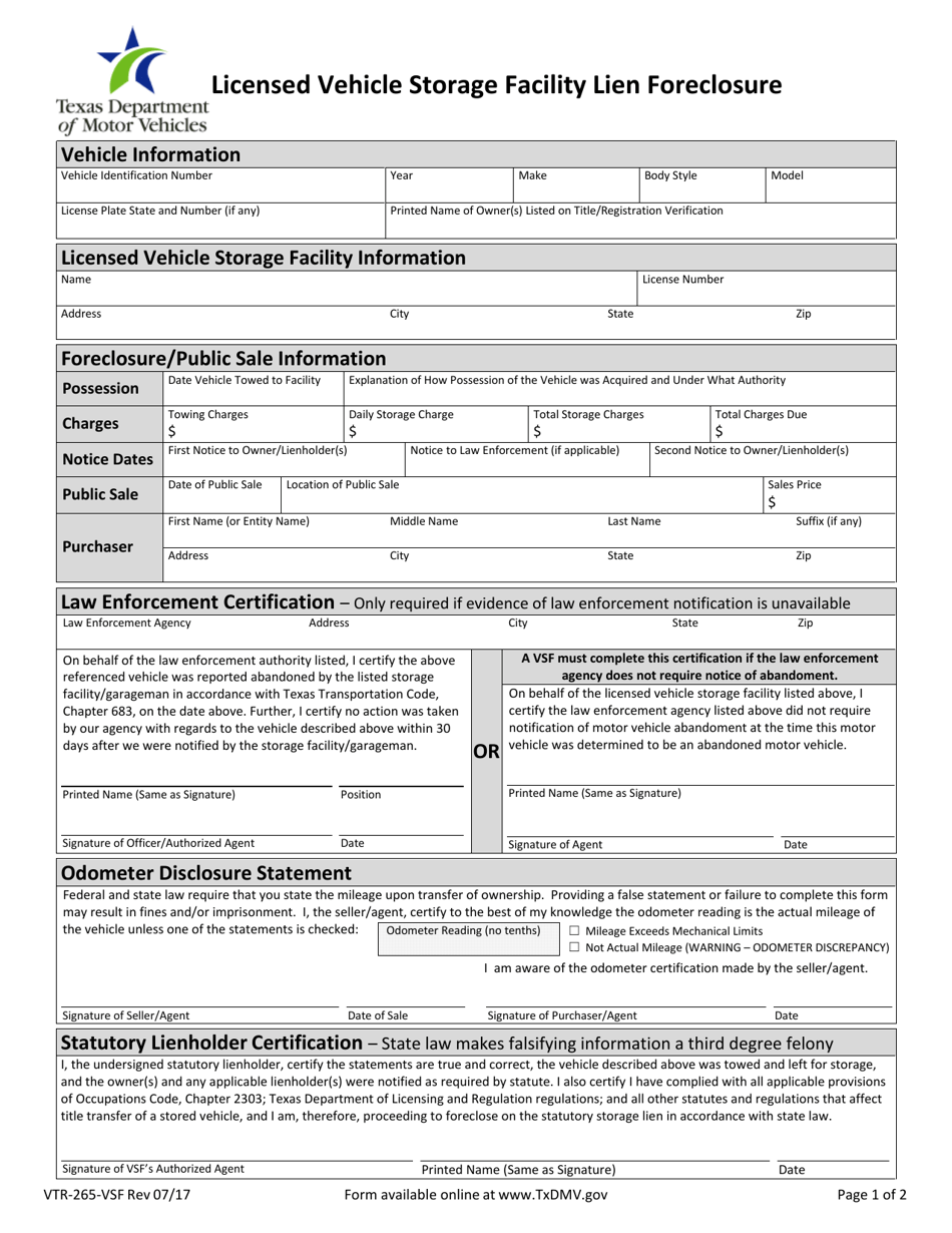 Form VTR-265-VSF Licensed Vehicle Storage Facility Lien Foreclosure - Texas, Page 1