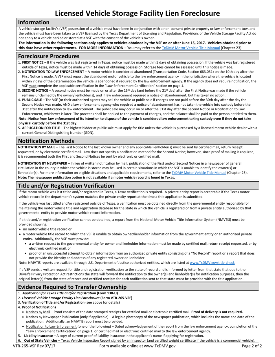 Form VTR 265 VSF Download Fillable PDF Or Fill Online Licensed Vehicle 