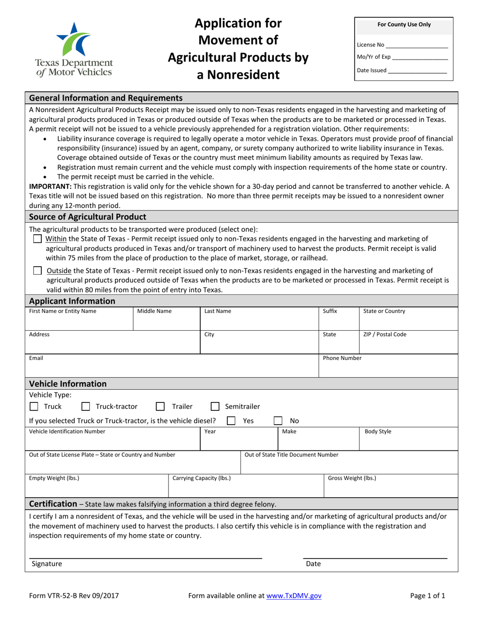 Form VTR-52-B Application for Movement of Agricultural Products by a Nonresident - Texas, Page 1