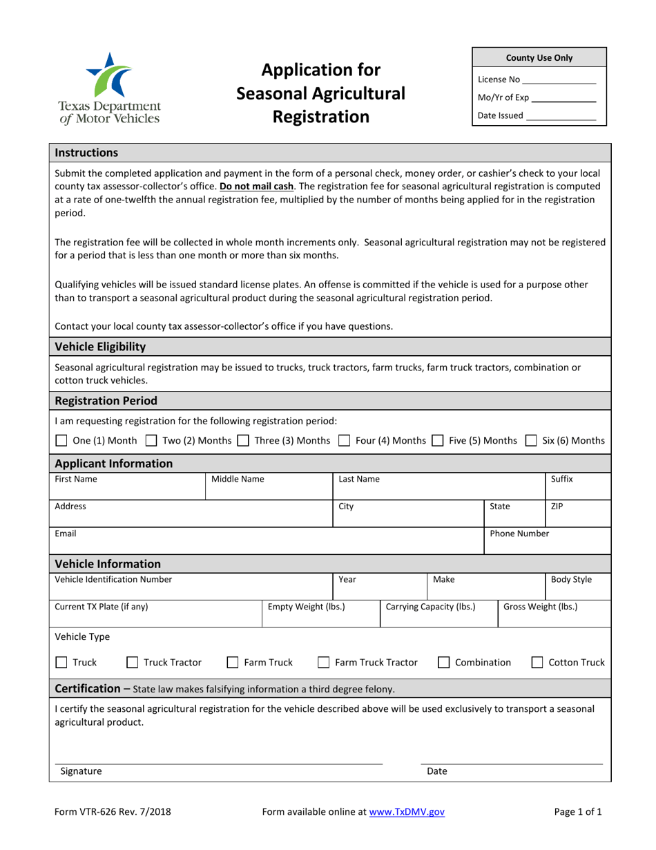 Form VTR-626 Application for Seasonal Agricultural Registration - Texas, Page 1