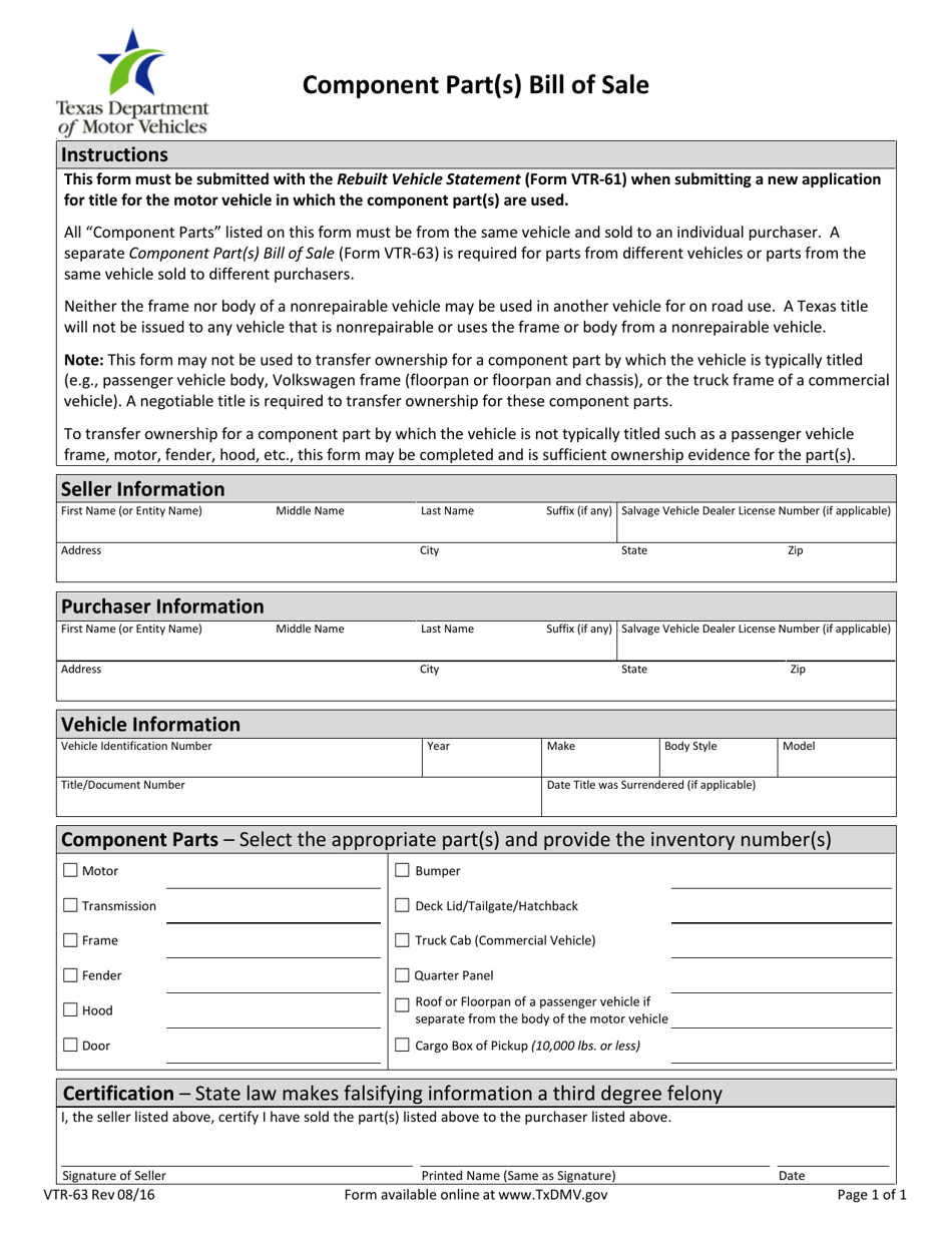 Form VTR-63 Component Part(S) Bill of Sale - Texas, Page 1