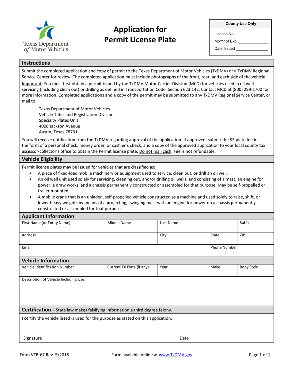 Form VTR-67 Application for Permit License Plate - Texas, Page 1