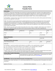 Document preview: Form VTR-904 License Plate Transfer Form - Texas