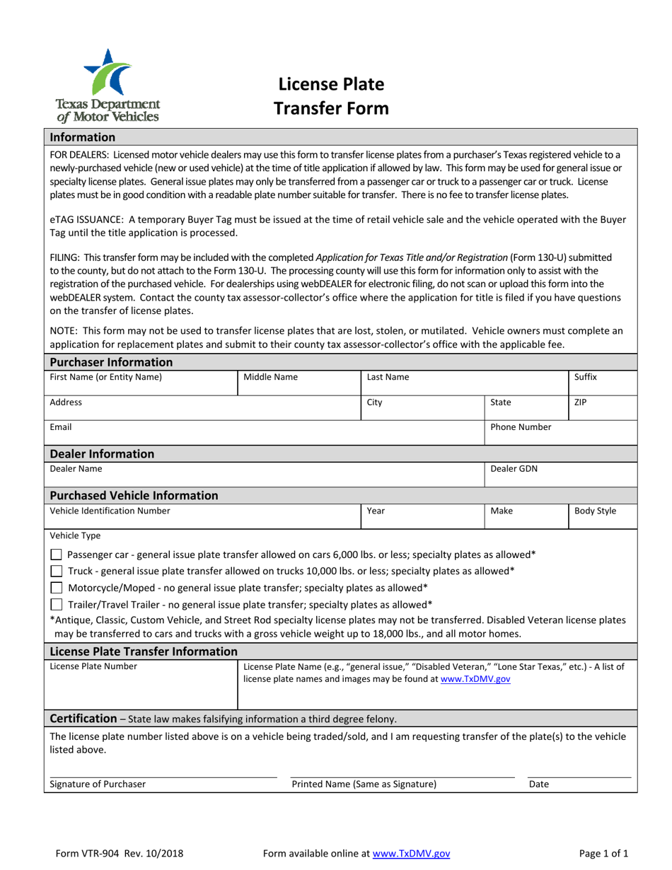 Form VTR-904 License Plate Transfer Form - Texas, Page 1
