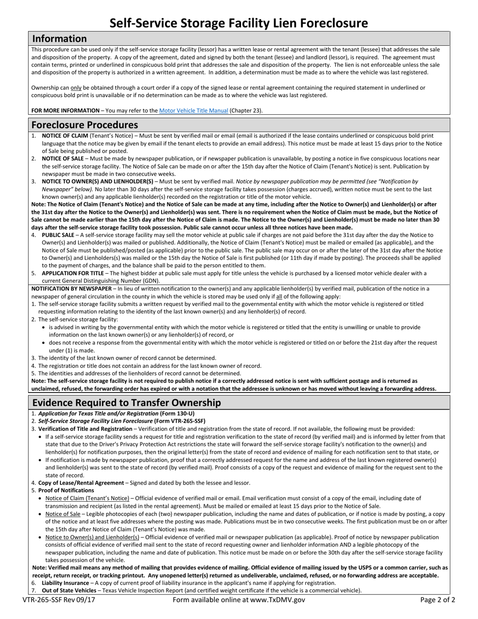 Form VTR-265-SSF Self-service Storage Facility Lien Foreclosure - Texas, Page 2