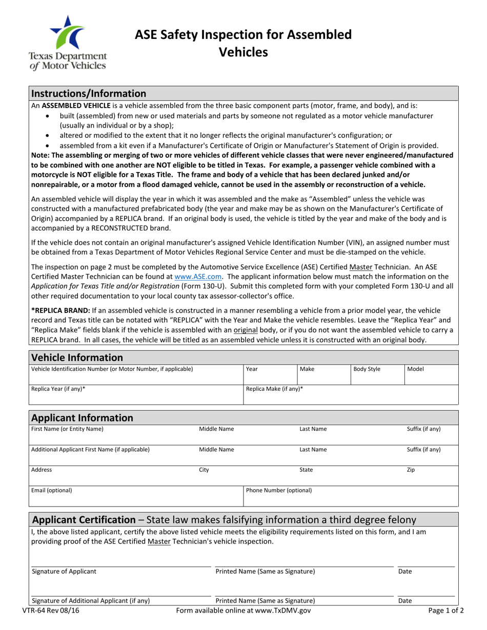 Form VTR-64 Ase Safety Inspection for Assembled Vehicles - Texas, Page 1