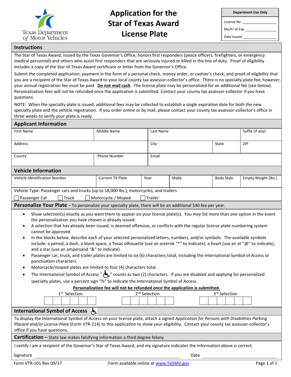 Form VTR-101 Application for the Star of Texas Award License Plate - Texas, Page 1