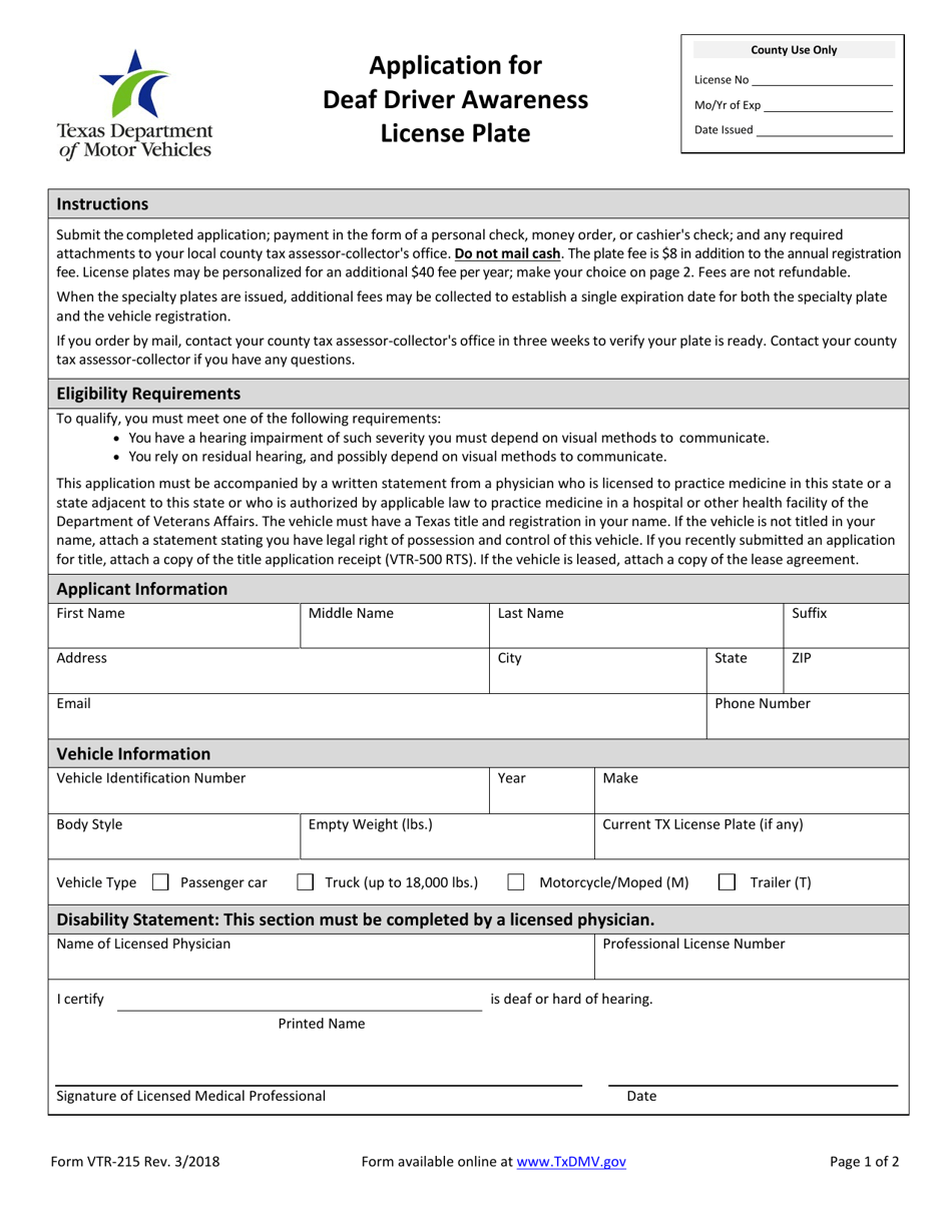 Form VTR-215 Application for Deaf Driver Awareness License Plate - Texas, Page 1