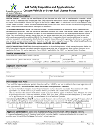 Form VTR-852 Ase Safety Inspection and Application for Custom Vehicle or Street Rod License Plates - Texas
