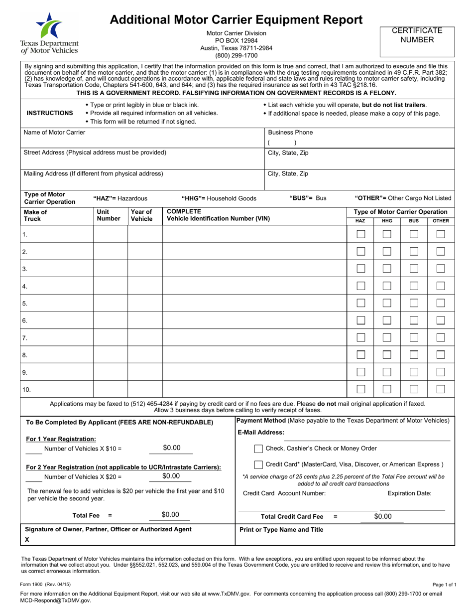 Form 1900 Additional Motor Carrier Equipment Report - Texas, Page 1