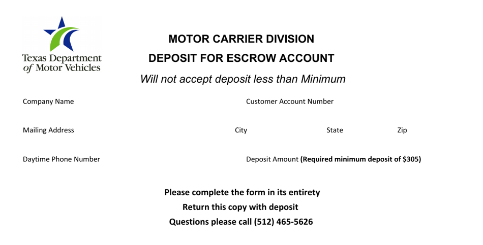 Deposit Slip for Escrow Account - Texas, Page 1