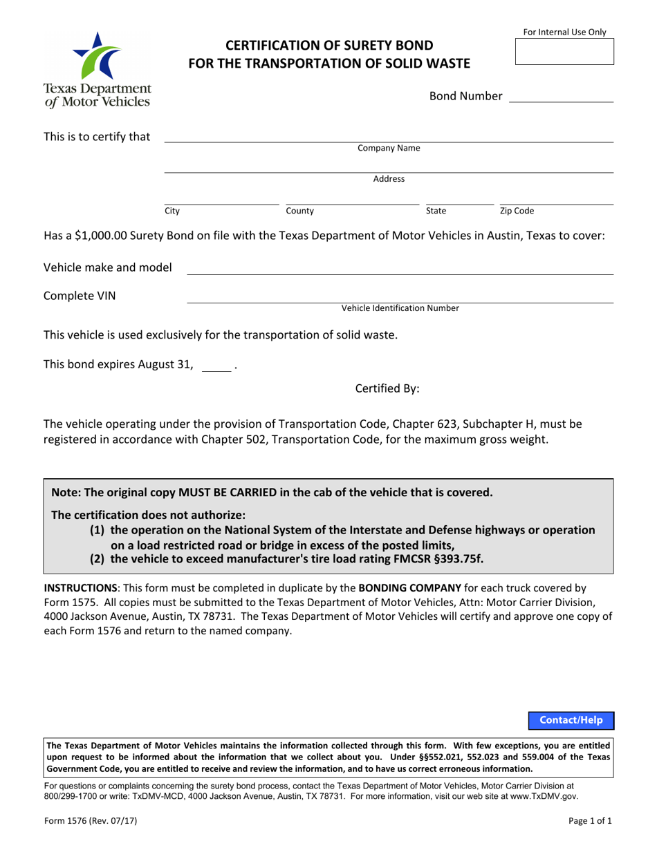 Form 1576 Certification of Surety Bond for the Transportation of Solid Waste - Texas, Page 1