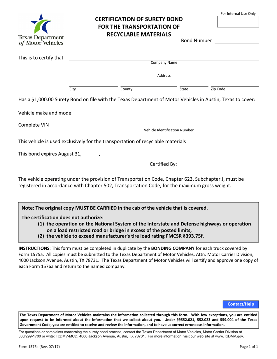 Form 1576A Certification of Surety Bond for the Transportation of Recyclable Materials - Texas, Page 1