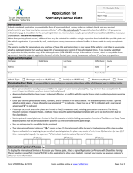 Document preview: Form VTR-999 Application for Specialty License Plate - Texas