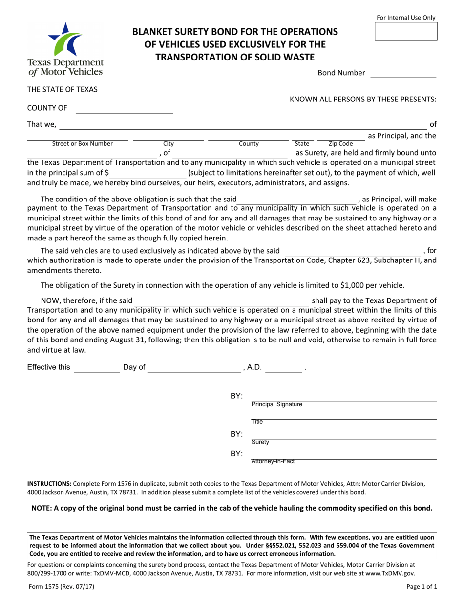 Form 1575 Blanket Surety Bond for the Operations of Vehicles Used Exclusively for the Transportation of Solid Waste - Texas, Page 1