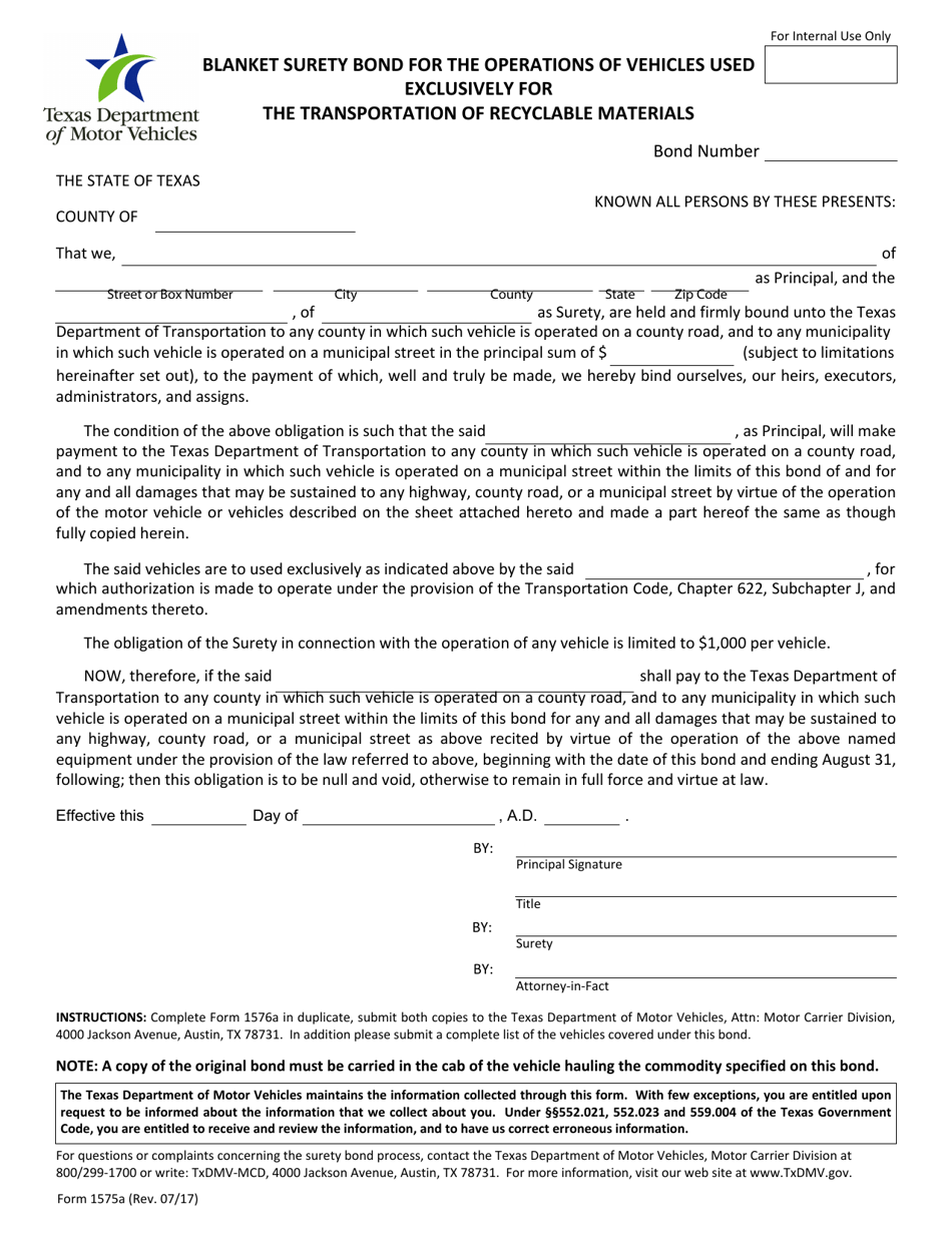 Form 1575A Blanket Surety Bond for the Operations of Vehicles Used Exclusively for the Transportation of Recyclable Materials - Texas, Page 1