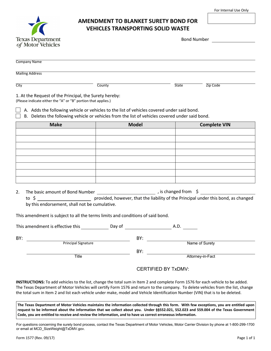 Form 1577 Amendment to Blanket Surety Bond for Vehicles Transporting Solid Waste - Texas, Page 1