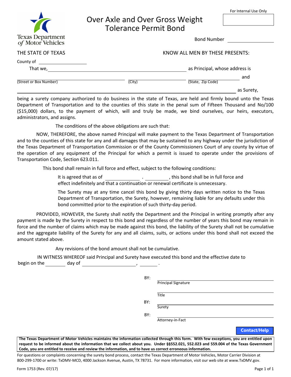 Form 1753 Over Axle and Over Gross Weight Tolerance Permit Bond - Texas, Page 1