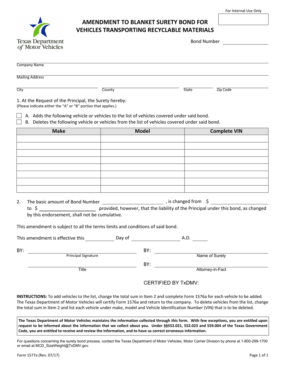 Form 1577A Amendment to Blanket Surety Bond for Vehicles Transporting Recyclable Materials - Texas, Page 1