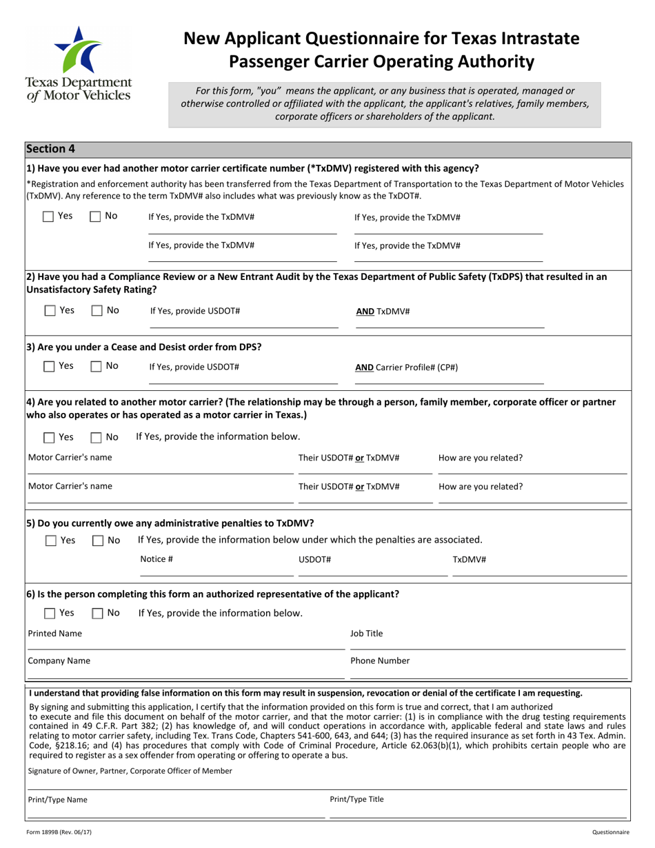 Form 1899B Application for Texas Intrastate Passenger Carrier Operating Authority - Texas, Page 5