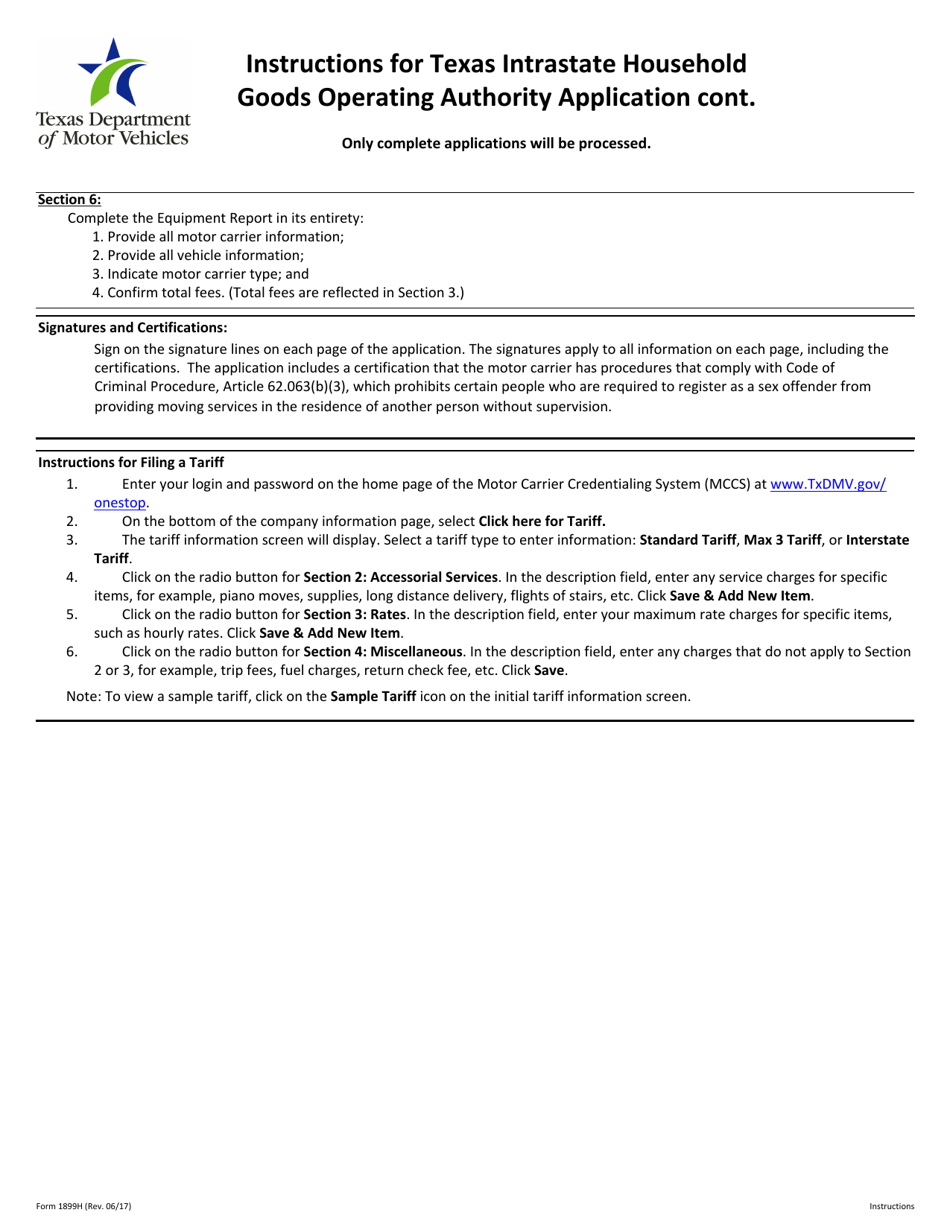 Form 1899H Application for Texas Intrastate Household Goods Operating Authority - Texas, Page 2