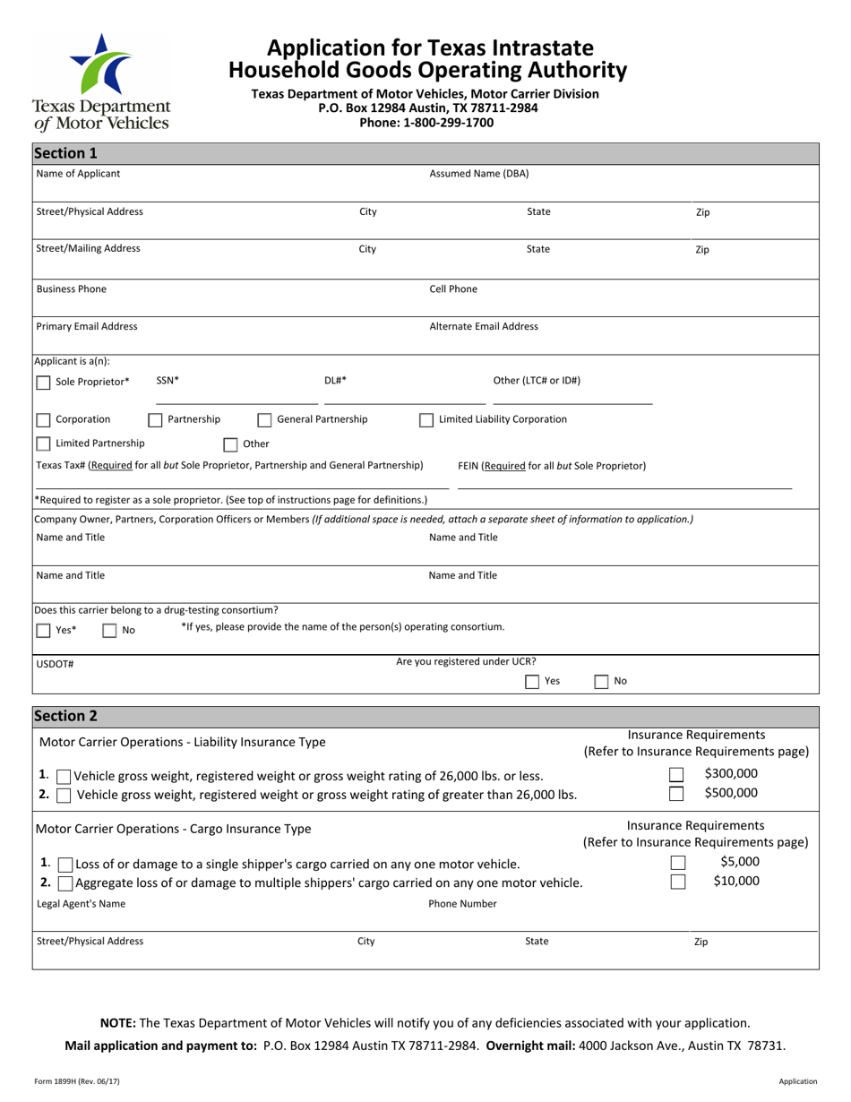 Form 1899H Application for Texas Intrastate Household Goods Operating Authority - Texas, Page 3