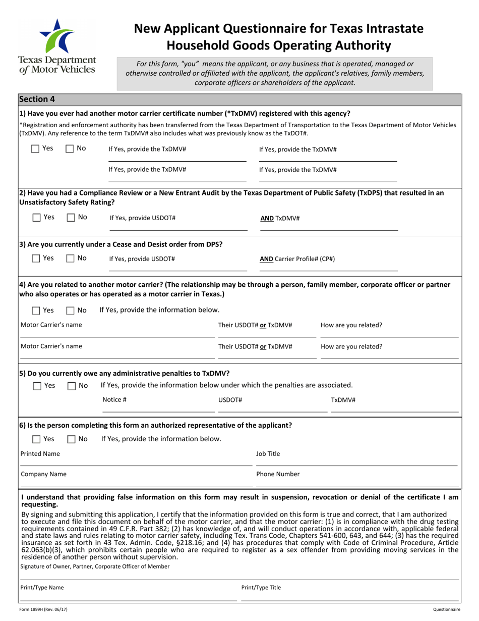 Form 1899H Application for Texas Intrastate Household Goods Operating Authority - Texas, Page 5