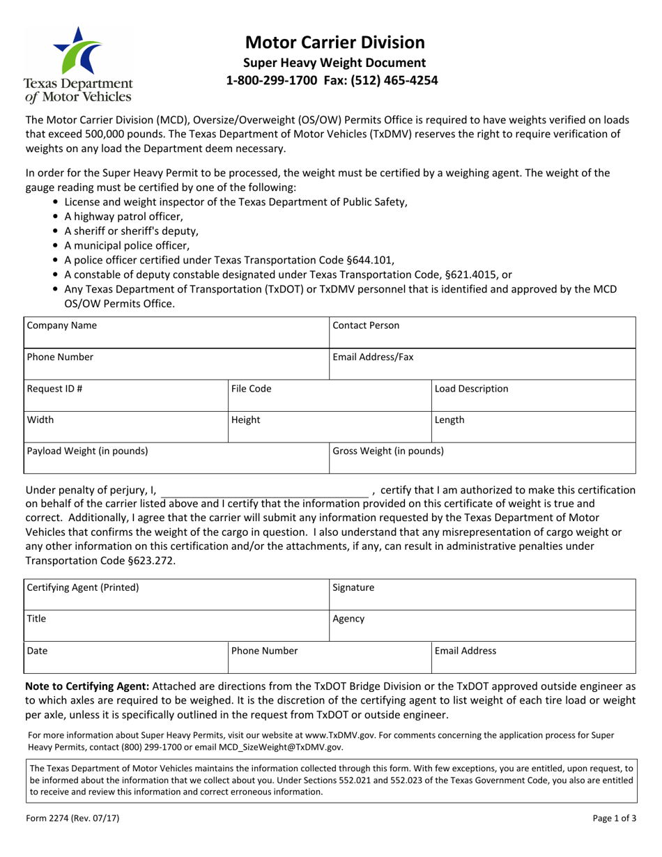 Form 2274 Super Heavy Weight Document - Texas, Page 1