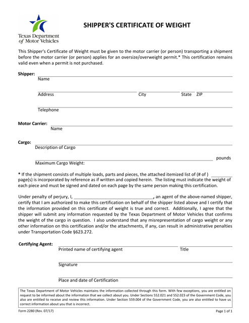 Form 2280 Shipper's Certificate of Weight - Texas