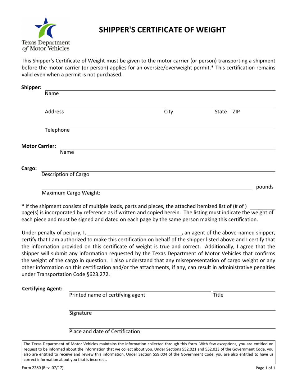 Form 2280 Shippers Certificate of Weight - Texas, Page 1