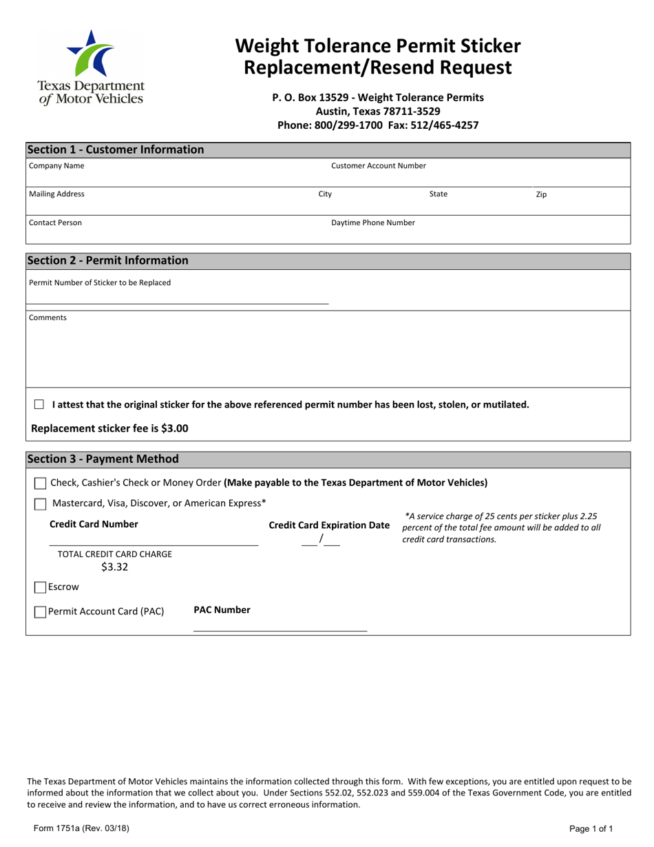 Form 1751A Weight Tolerance Permit Sticker Replacement / Resend Request - Texas, Page 1