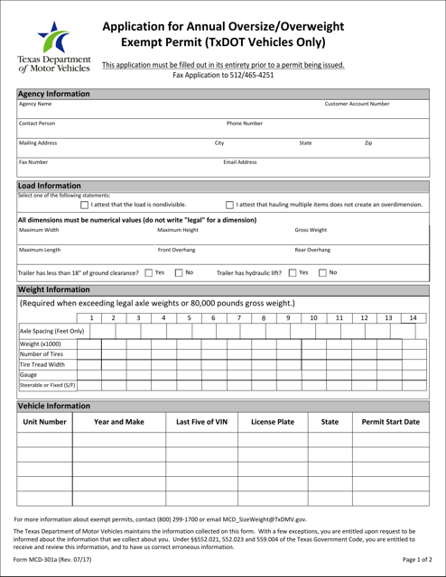 Form MCD-301A Application for Annual Oversize/Overweight Exempt Permit (Txdot Vehicles Only) - Texas